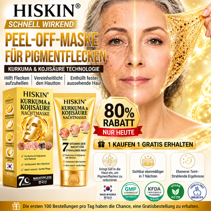 Neu! ✨ Hiskin® Kurkuma × Kojisäure Overnight Peel-Off-Maske – Mildert hartnäckige Pigmentflecken & glättet sichtbare Falten über Nacht 🌙✨ Kurkuma × Kojisäure × Peptid ✅ Nur ein Schritt pro Nacht · Sichtbare Ergebnisse nach 7 Nächten
