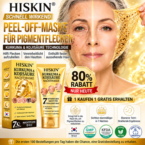Neu! ✨ Hiskin® Kurkuma × Kojisäure Overnight Peel-Off-Maske – Mildert hartnäckige Pigmentflecken & glättet sichtbare Falten über Nacht 🌙✨ Kurkuma × Kojisäure × Peptid ✅ Nur ein Schritt pro Nacht · Sichtbare Ergebnisse nach 7 Nächten