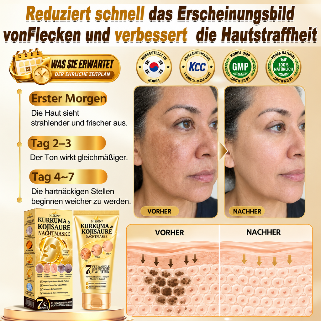 Neu! ✨ Hiskin® Kurkuma × Kojisäure Overnight Peel-Off-Maske – Mildert hartnäckige Pigmentflecken & glättet sichtbare Falten über Nacht 🌙✨ Kurkuma × Kojisäure × Peptid ✅ Nur ein Schritt pro Nacht · Sichtbare Ergebnisse nach 7 Nächten
