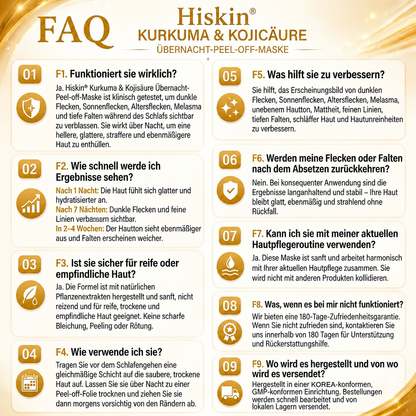 Neu! ✨ Hiskin® Kurkuma × Kojisäure Overnight Peel-Off-Maske – Mildert hartnäckige Pigmentflecken & glättet sichtbare Falten über Nacht 🌙✨ Kurkuma × Kojisäure × Peptid ✅ Nur ein Schritt pro Nacht · Sichtbare Ergebnisse nach 7 Nächten