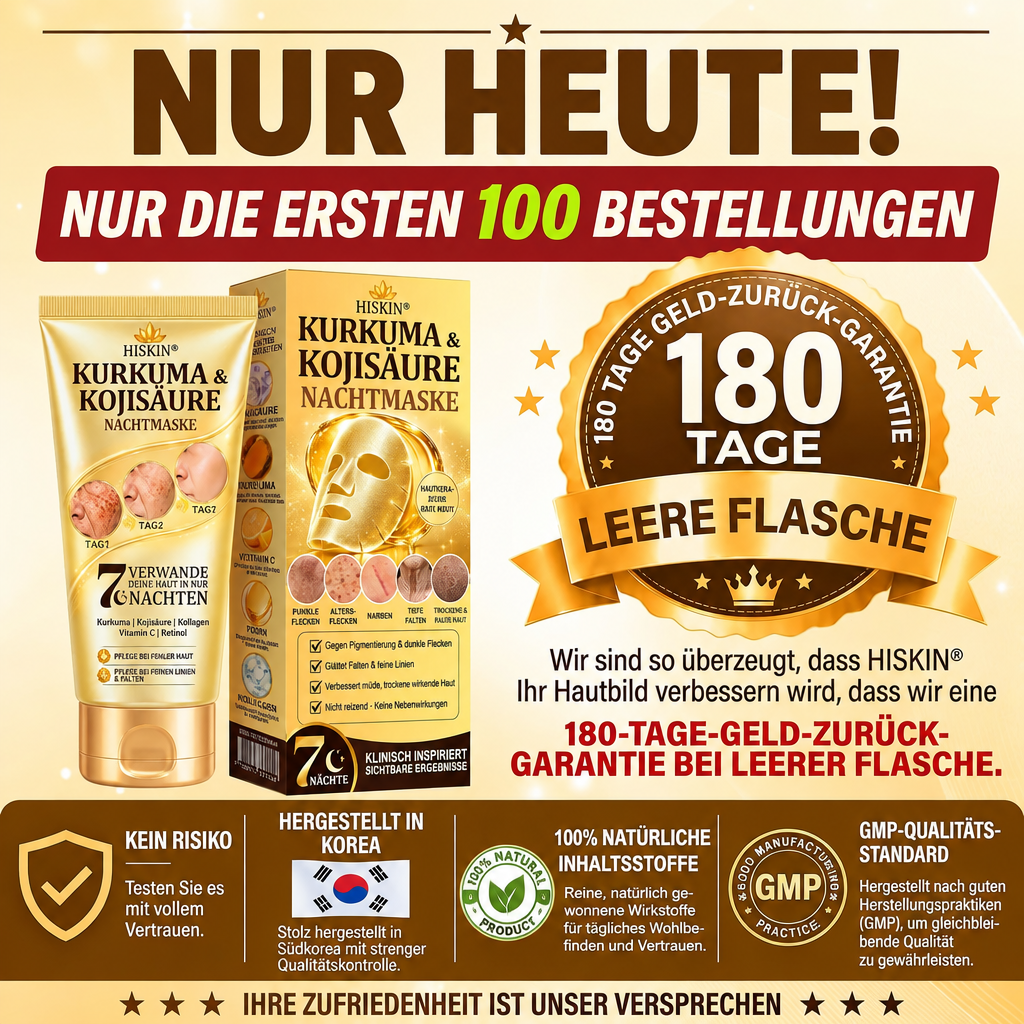 Neu! ✨ Hiskin® Kurkuma × Kojisäure Overnight Peel-Off-Maske – Mildert hartnäckige Pigmentflecken & glättet sichtbare Falten über Nacht 🌙✨ Kurkuma × Kojisäure × Peptid ✅ Nur ein Schritt pro Nacht · Sichtbare Ergebnisse nach 7 Nächten